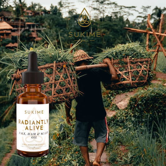 Balinese Moringa farmer carrying moringa leaves in rattan baskets on his shoulder. Vegan skincare oil bottle. 