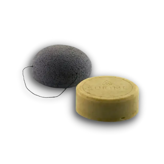 Sukime's Moringa Face Cleansing bar  and the natural konjac sponge with activated bamboo charcoal. Vegan skincare for face. 