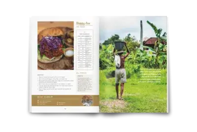 Inside Bali Vegan Book with Sloppy Joe recipe and balinese man carrying vegetable in a bucket on his head.  Easy vegan recipes. Bali vegan guide.