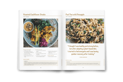 Bali Vegan Book opened and showing Roasted Cauliflower Steaks from The Shady Shack and a Pad Thai recipe. Bali vegan guide. Easy vegan recipes. 