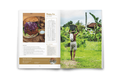 Opened page of Bali Vegan Book showing Vegan Sloppy Joe recipe and picture of Balinese man carrying produce  in a bucket sitting on his head. 