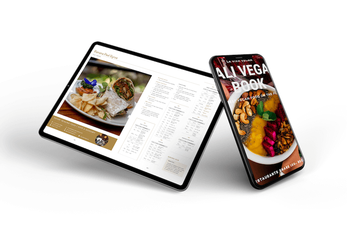 Ipad and Iphone mockup with Bali Vegan Book cover and inside recipe. 
