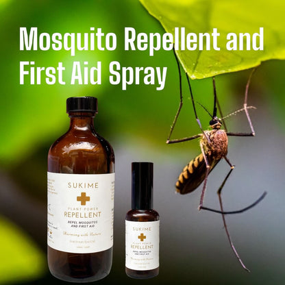 Mosquito Repellent and First Aid Spray. 50ml & 250ml amber glass bottles with mosquito sitting on green leaf. .